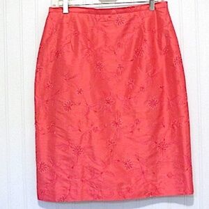 Coral Embroidered Pencil Skirt, Size 8